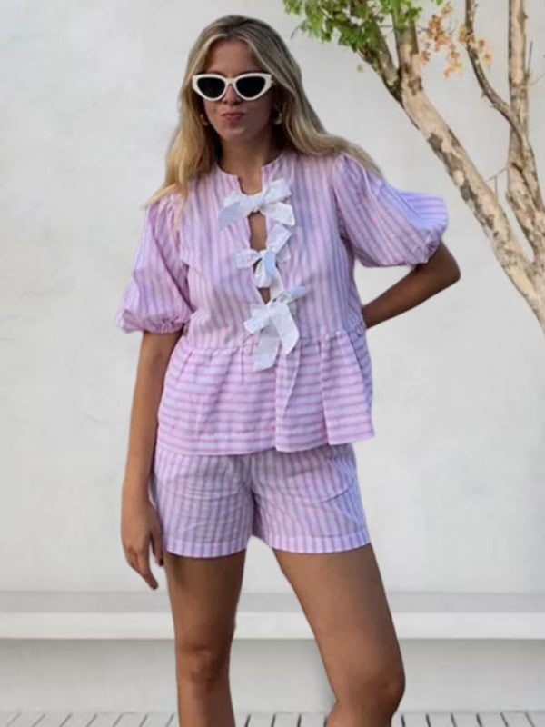 Shorts Set- Relaxed Vacation Striped Tie-Bow Blouse & Comfy Shorts Set for Vacay- Pink- IndioGear Fashion and Gear