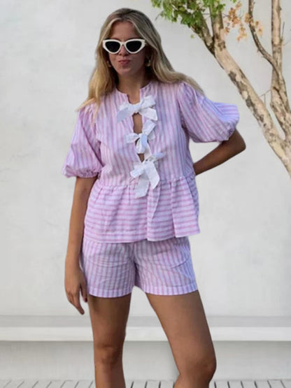 Shorts Set- Relaxed Vacation Striped Tie-Bow Blouse & Comfy Shorts Set for Vacay- Pink- IndioGear Fashion and Gear