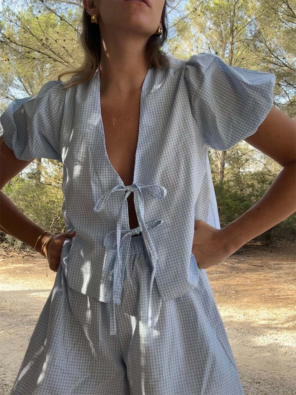 Gingham Women's Summer 2-Piece Set with Tie-Up Blouse and Shorts