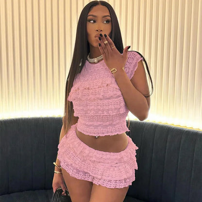 Shorts Sets- Clubbing Layered Lace Crop Top and Shorts for Women- Pink- IndioGear.com