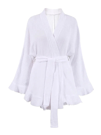 Shorts Sets- Crinkled Cotton 2-piece Shorts Set with Robe Dress- - IndioGear.com