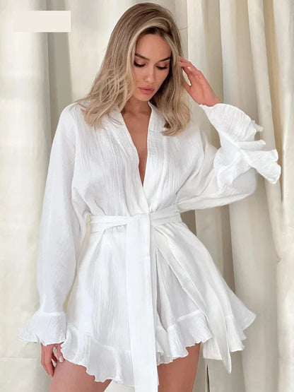 Shorts Sets- Crinkled Cotton 2-piece Shorts Set with Robe Dress- White- IndioGear.com