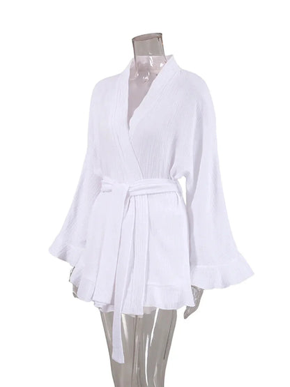 Shorts Sets- Crinkled Cotton 2-piece Shorts Set with Robe Dress- - IndioGear.com