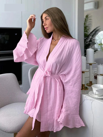 Shorts Sets- Crinkled Cotton 2-piece Shorts Set with Robe Dress- Pink- IndioGear.com