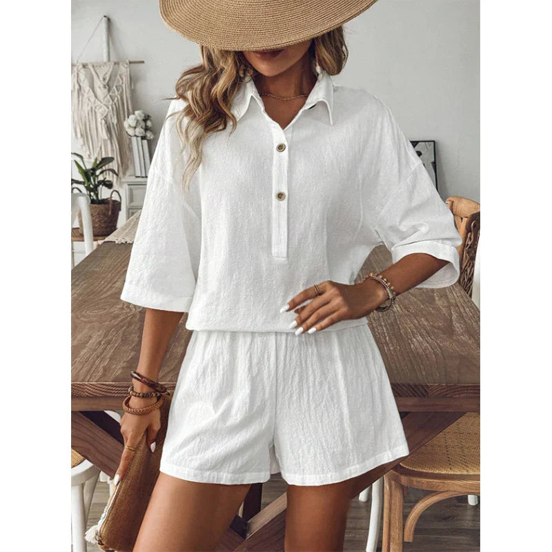 Shorts Sets- Elegant White Linen Shorts Set with Top for Relaxed Days- - IndioGear.com