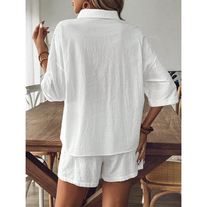 Shorts Sets- Elegant White Linen Shorts Set with Top for Relaxed Days- - IndioGear.com