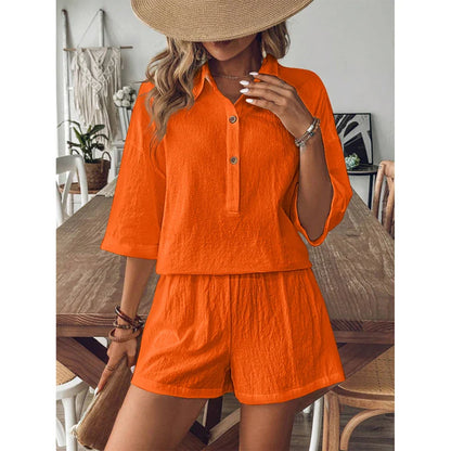 Shorts Sets- Elegant White Linen Shorts Set with Top for Relaxed Days- Orange- IndioGear.com