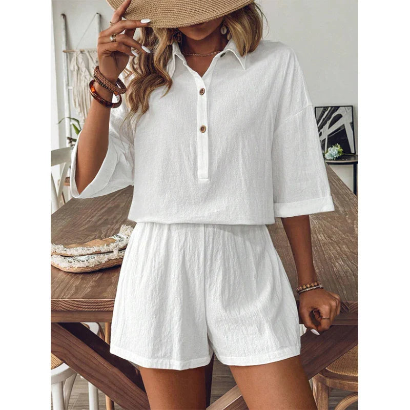 Shorts Sets- Elegant White Linen Shorts Set with Top for Relaxed Days- - IndioGear.com