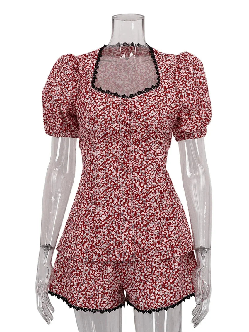 Shorts Sets- Summer Floral Outfit with Lace Details- - IndioGear