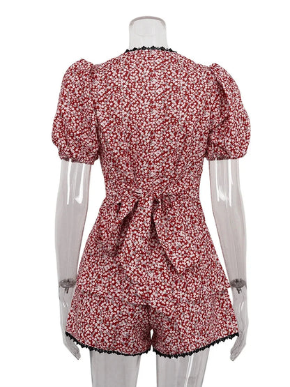 Shorts Sets- Summer Floral Outfit with Lace Details- - IndioGear