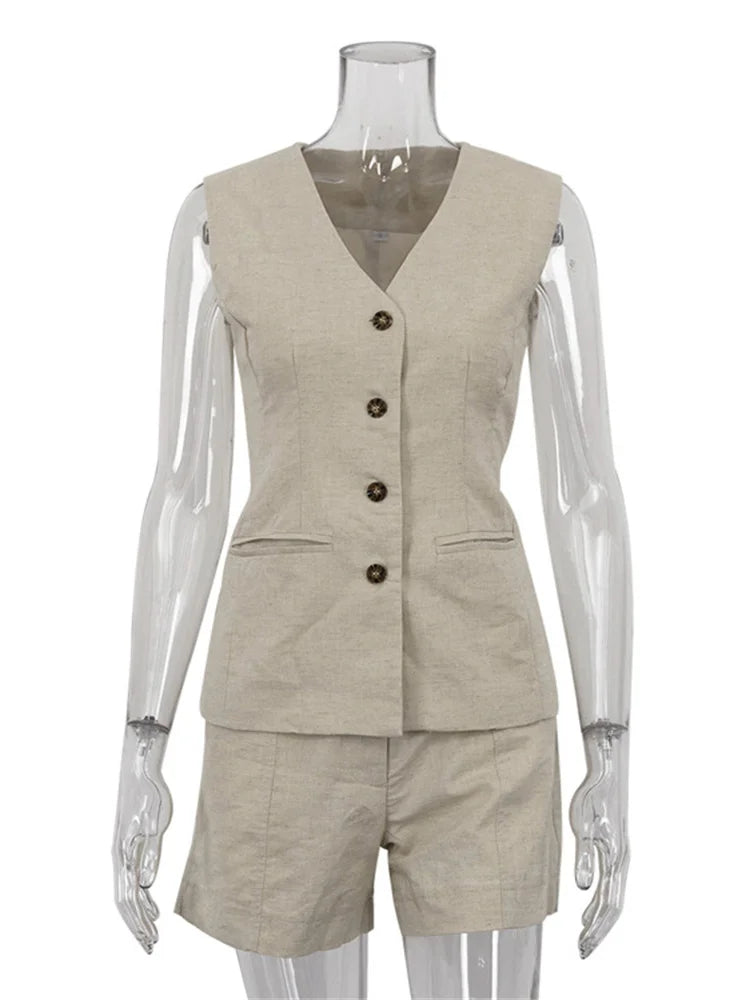 Shorts Sets- Linen Blend Shorts Suit with Vest for Women- - IndioGear.com