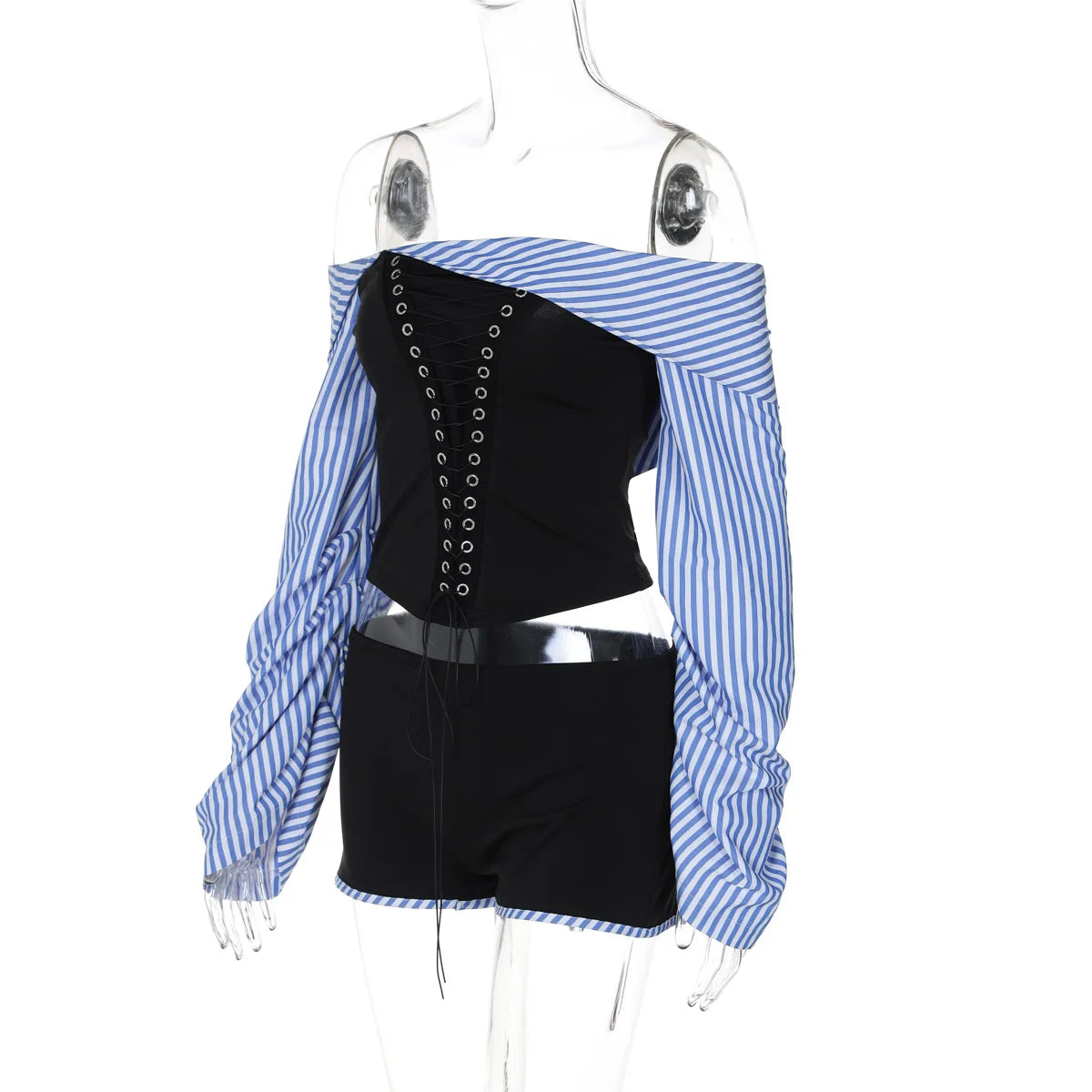 Shorts Sets- Off-Shoulder Striped Corset Set Top & Matching Shorts- - IndioGear.com