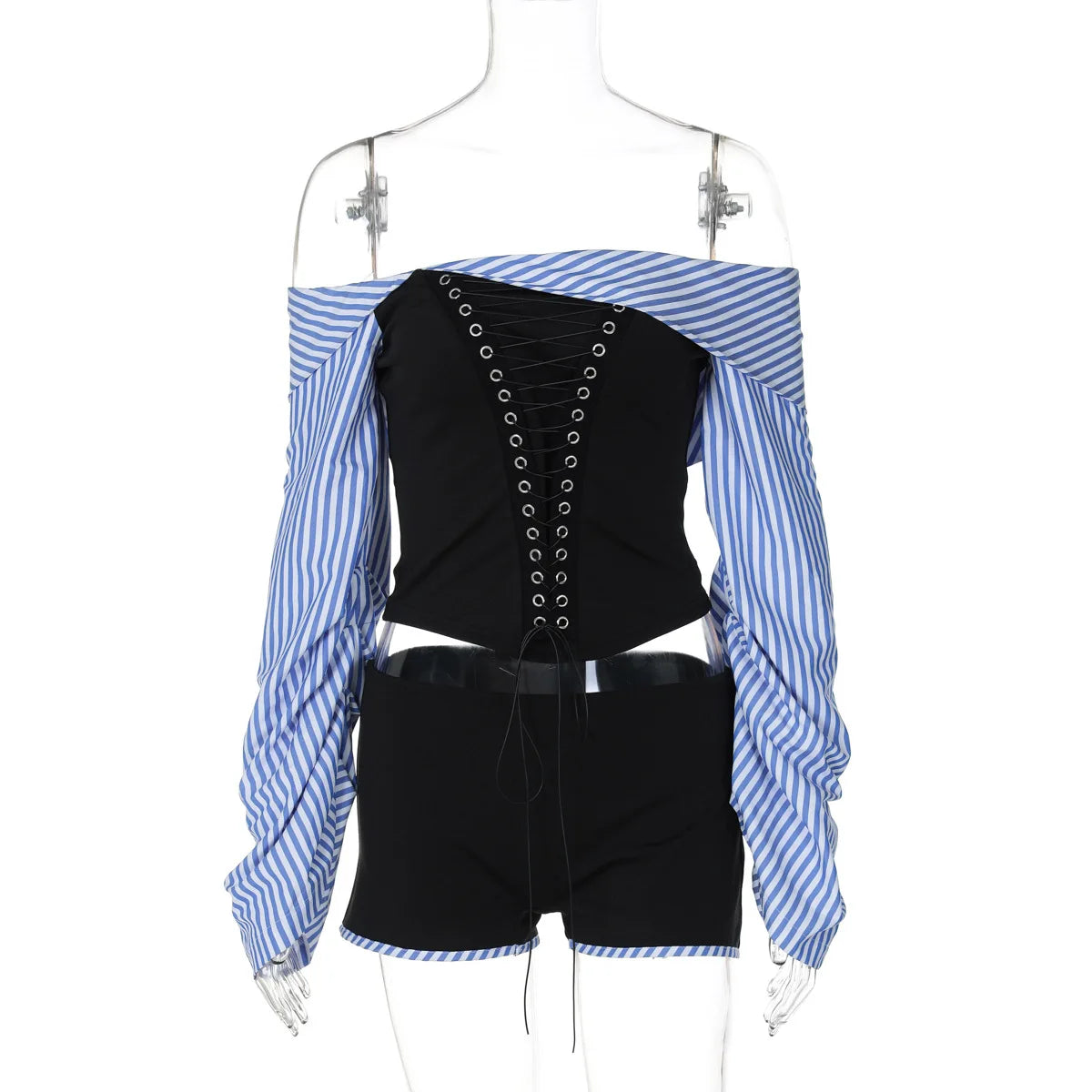 Shorts Sets- Off-Shoulder Striped Corset Set Top & Matching Shorts- - IndioGear.com