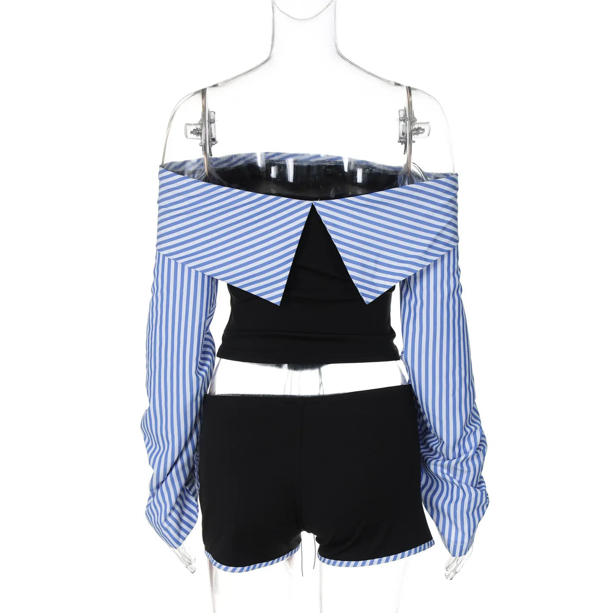 Shorts Sets- Off-Shoulder Striped Corset Set Top & Matching Shorts- - IndioGear.com