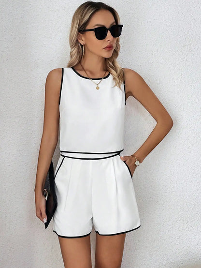 Shorts Sets- Sleeveless Top and Shorts - Two-Piece Set with Contrast Trim- - IndioGear.com