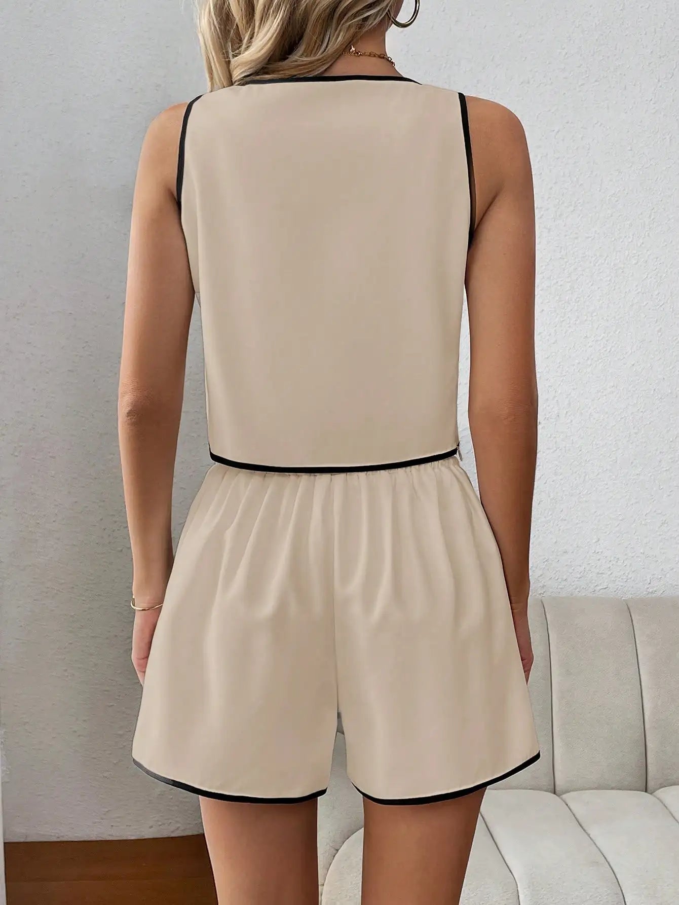 Shorts Sets- Sleeveless Top and Shorts - Two-Piece Set with Contrast Trim- - IndioGear.com