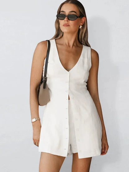 Summertime Tailored White Two-Piece Shorts Set with Long Vest