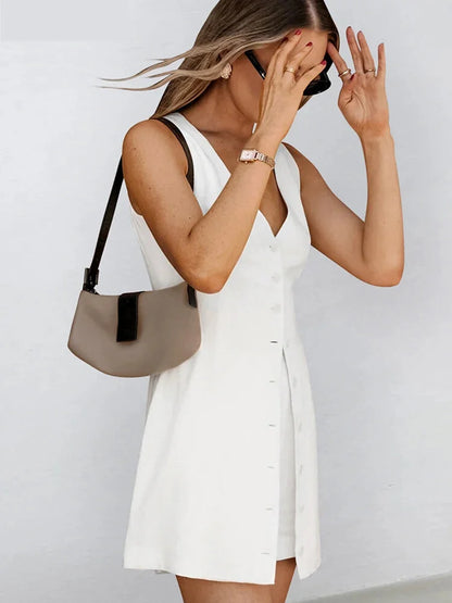 Summertime Tailored White Two-Piece Shorts Set with Long Vest