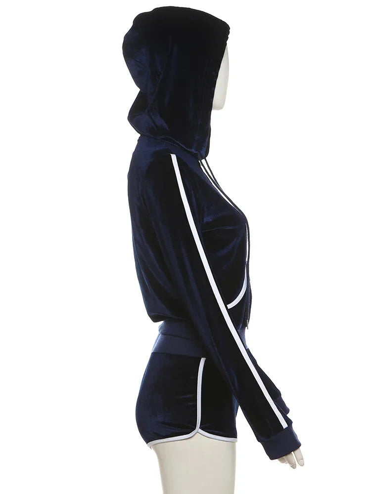 Shorts Sets- Velvet Sporty Lounge Set Zip-up Hooded Jacket & Shorts- - IndioGear.com