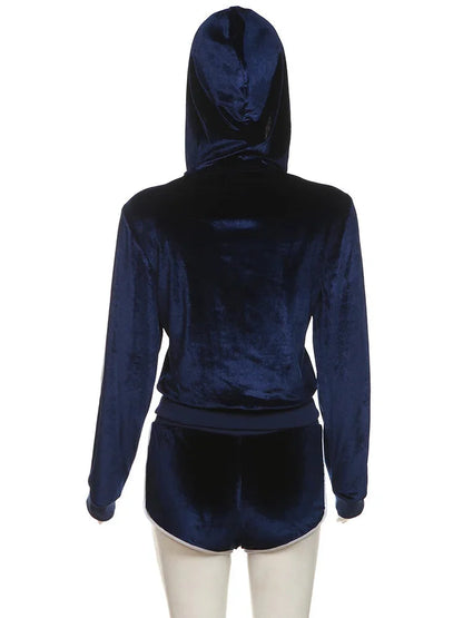 Shorts Sets- Velvet Sporty Lounge Set Zip-up Hooded Jacket & Shorts- - IndioGear.com