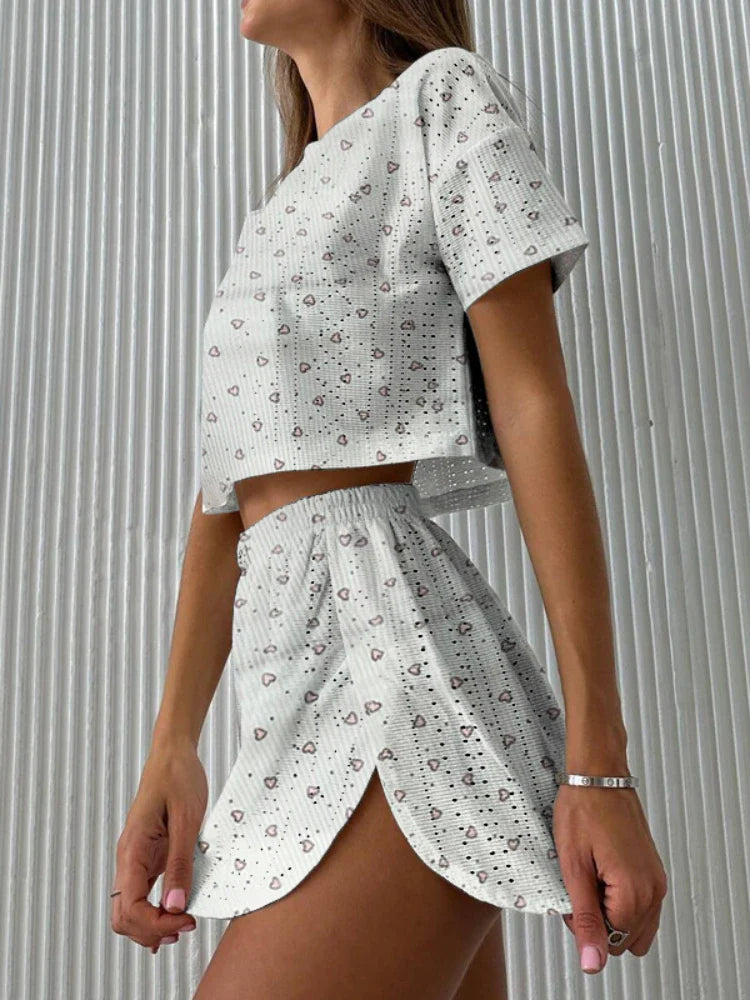 Shorts Sets- Two-Piece Teddy Bear Top & Hearts Shorts Set - Perfect for Casual Days- White- IndioGear.com