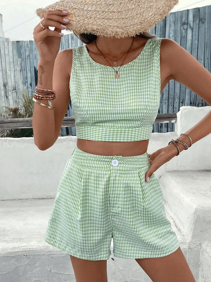 Shorts Sets- Women Gingham Crop Top and Shorts Set for Summer Days- - IndioGear.com