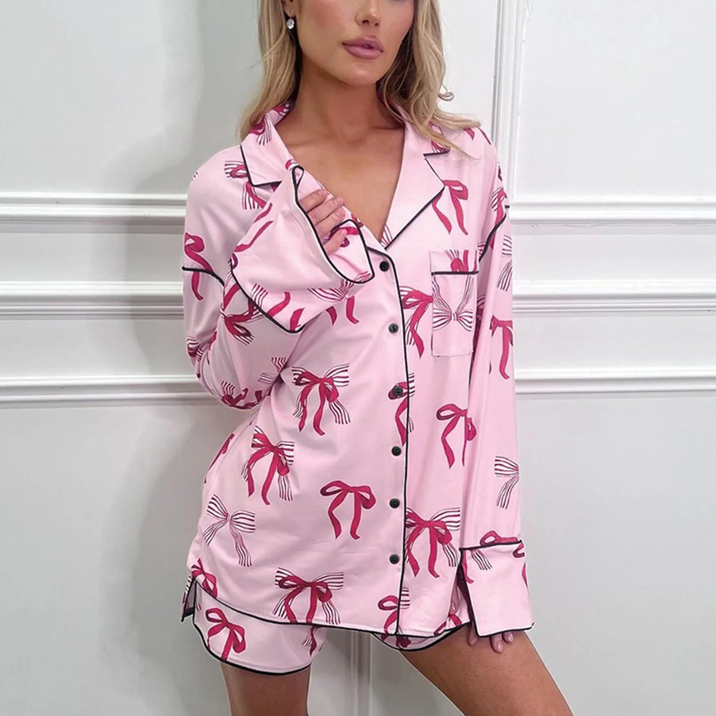 Shorts Sets- Women Pink Bow Print Satin Pajamas Shorts & Notch Shirt- - IndioGear.com