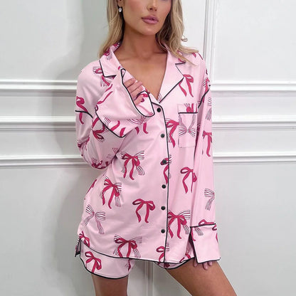 Shorts Sets- Women Pink Bow Print Satin Pajamas Shorts & Notch Shirt- - IndioGear.com