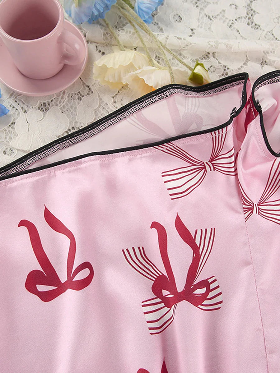 Shorts Sets- Women Pink Bow Print Satin Pajamas Shorts & Notch Shirt- - IndioGear.com