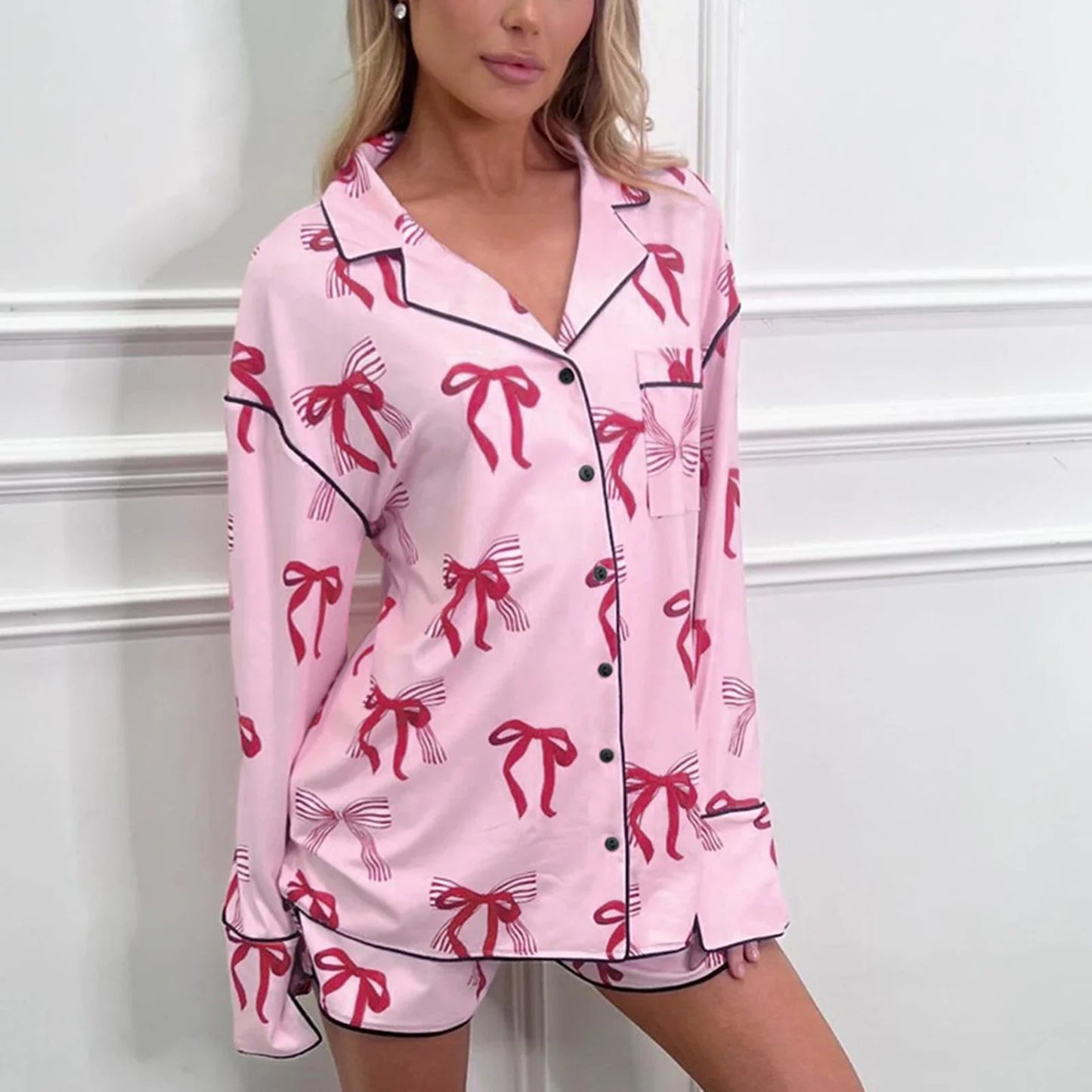 Shorts Sets- Women Pink Bow Print Satin Pajamas Shorts & Notch Shirt- - IndioGear.com