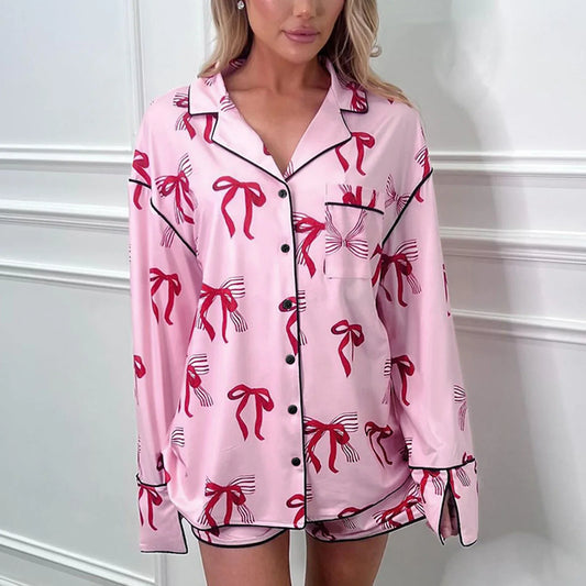 Shorts Sets- Women Pink Bow Print Satin Pajamas Shorts & Notch Shirt- Pink- IndioGear.com