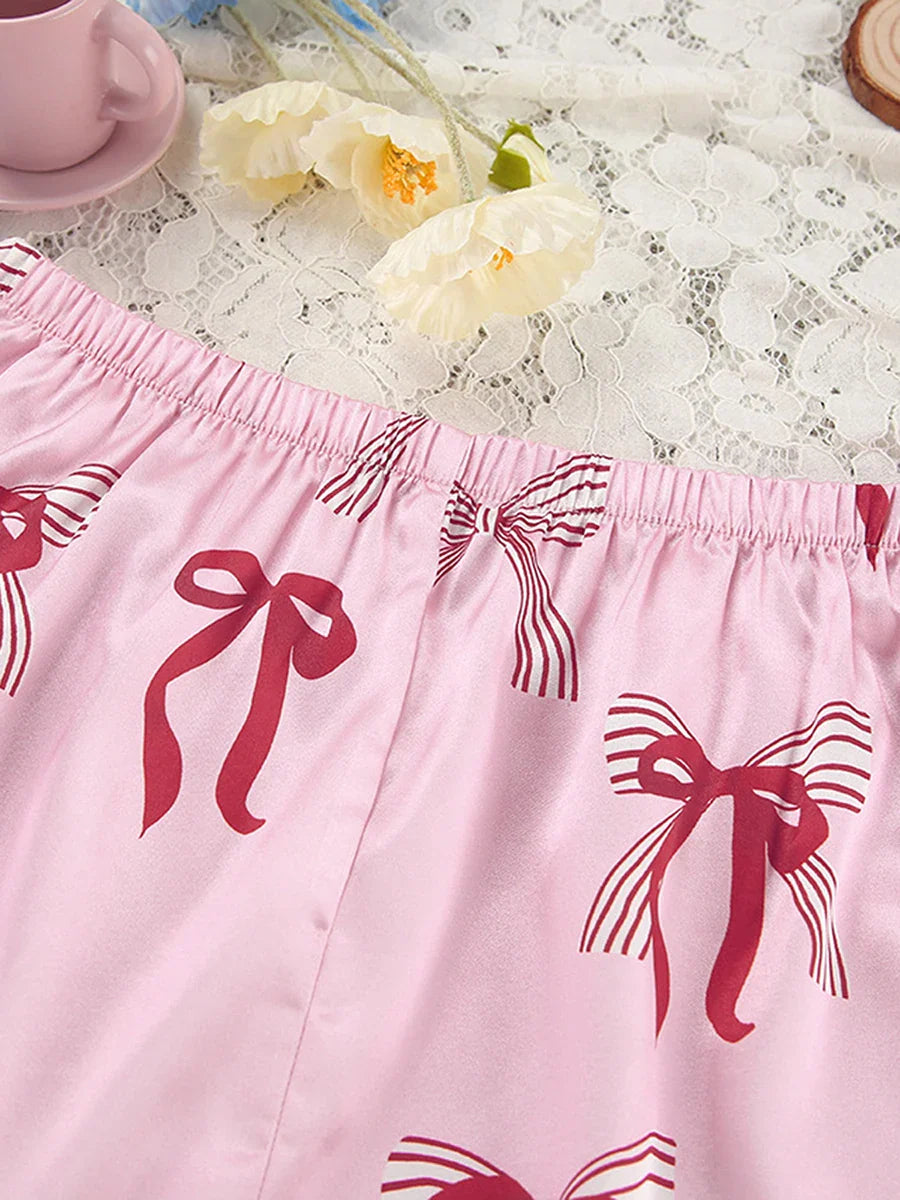 Shorts Sets- Women Pink Bow Print Satin Pajamas Shorts & Notch Shirt- - IndioGear.com