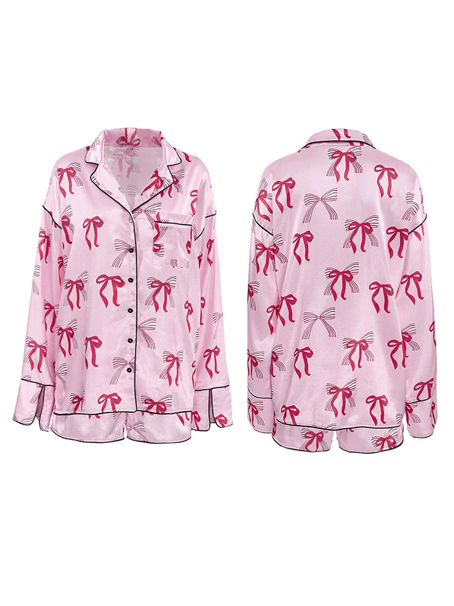 Shorts Sets- Women Pink Bow Print Satin Pajamas Shorts & Notch Shirt- - IndioGear.com