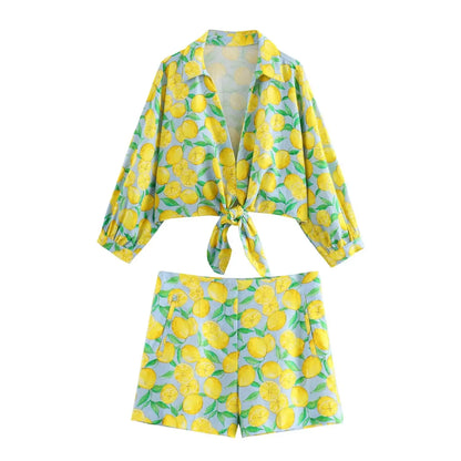 Shorts Sets- Women Zesty Lemon Crop Top & Shorts - Two-Piece Set for Summer Days- Set- IndioGear.com