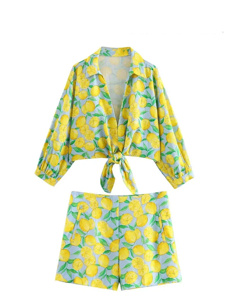 Shorts Sets- Women Zesty Lemon Crop Top & Shorts - Two-Piece Set for Summer Days- - IndioGear.com