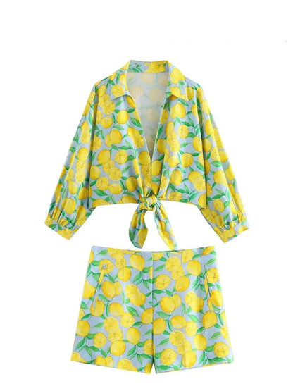 Shorts Sets- Women Zesty Lemon Crop Top & Shorts - Two-Piece Set for Summer Days- - IndioGear.com