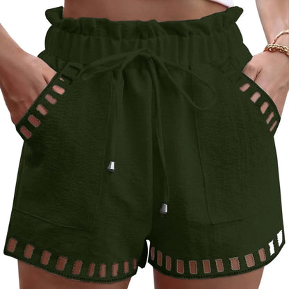 Shorts- Women Textured Paperbag Shorts with Stylish Cut-Outs- Dark green- IndioGear.com