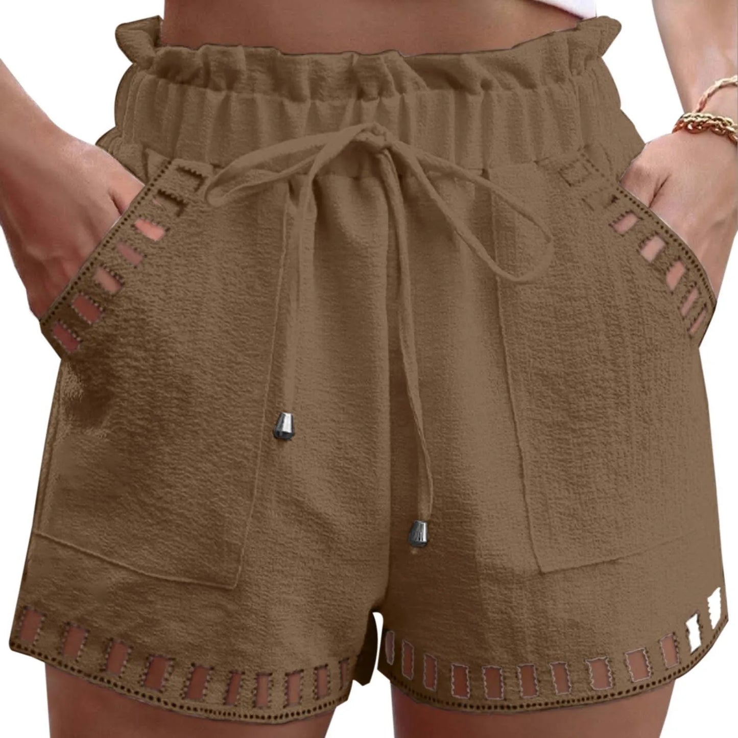 Shorts- Women Textured Paperbag Shorts with Stylish Cut-Outs- Brown- IndioGear.com