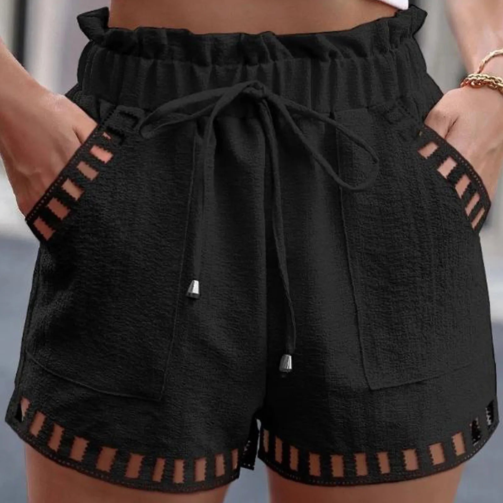 Shorts- Women Textured Paperbag Shorts with Stylish Cut-Outs- Black- IndioGear.com