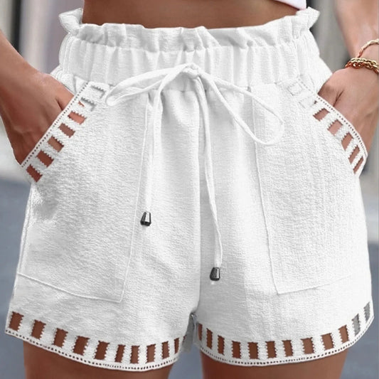 Shorts- Women Textured Paperbag Shorts with Stylish Cut-Outs- White- IndioGear.com