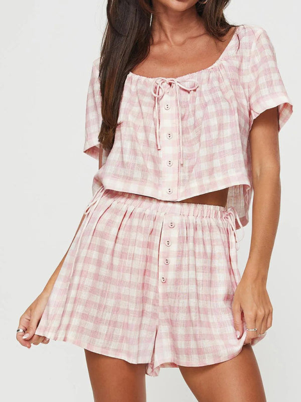 Shorts set- Gingham 2 Piece Outfit - Summer Lounge Shorts & Crop Top- Pink- IndioGear Fashion and Gear