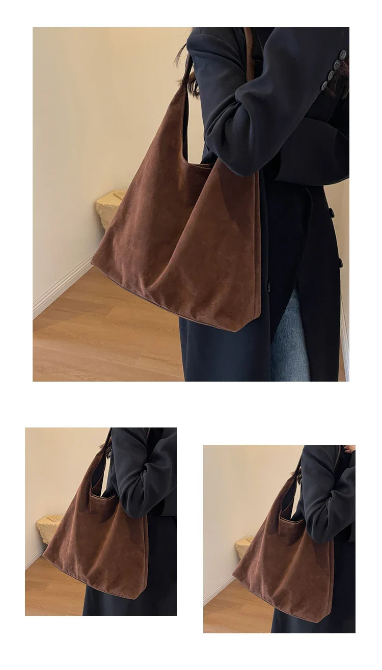 Shoulder Bags- Suede Shoulder Bag Solid Color Simple Casual Commuter Bag- - IndioGear.com