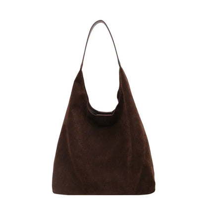 Shoulder Bags- Suede Shoulder Bag Solid Color Simple Casual Commuter Bag- Coffee- IndioGear.com