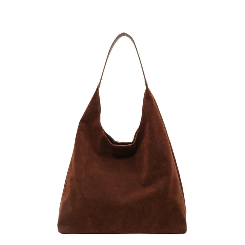 Shoulder Bags- Suede Shoulder Bag Solid Color Simple Casual Commuter Bag- Brown- IndioGear.com