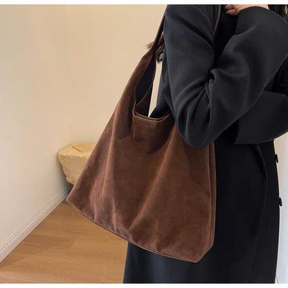 Shoulder Bags- Suede Shoulder Bag Solid Color Simple Casual Commuter Bag- - IndioGear.com