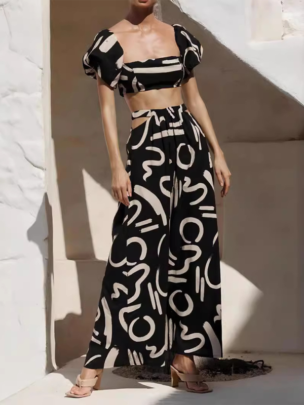 Skirt Set- Off-the-Shoulder Crop Top and Skirt - Two-Piece Garden Party Outfit- Black- IndioGear.com