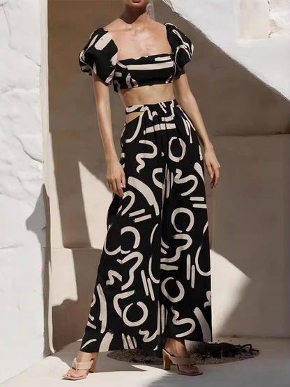 Skirt Set- Off-the-Shoulder Crop Top and Skirt - Two-Piece Garden Party Outfit- Black- IndioGear.com