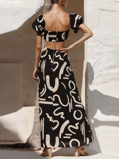 Skirt Set- Off-the-Shoulder Crop Top and Skirt - Two-Piece Garden Party Outfit- - IndioGear.com