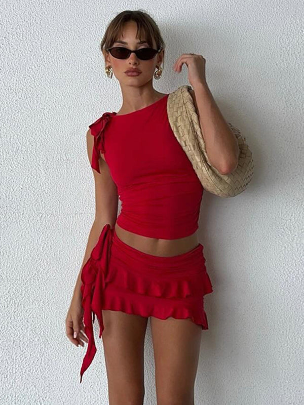 Skirt Set- Solid Runway Fitted 2 Piece Outfit - Sleeveless Top & Layered Mini Skirt- - IndioGear Fashion and Gear