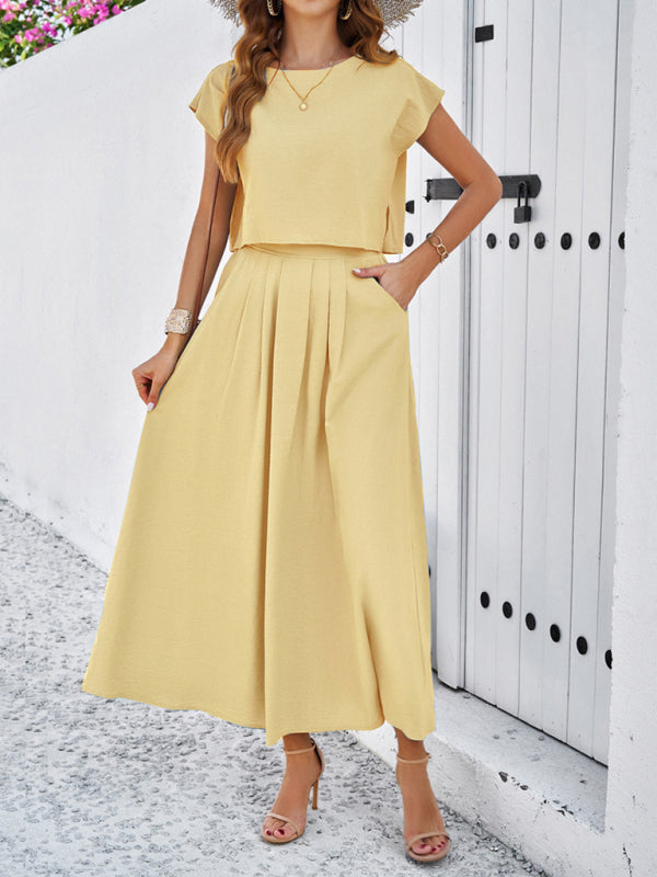 Skirt Set- Vacay Classic 2-Piece Summer Outfit - Cap Sleeve Blouse & Flare Skirt- - IndioGear Fashion and Gear